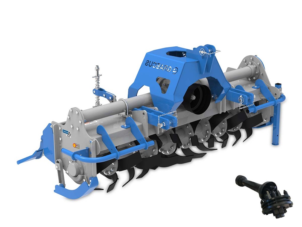 Freză de tip greu, cu granulometru, cu schimbător de viteze 4 trepte, stabilă pentru tractoare medii Solis, LS, John Deere, Kubota, Landini - suprafață de lucru 160 cm.