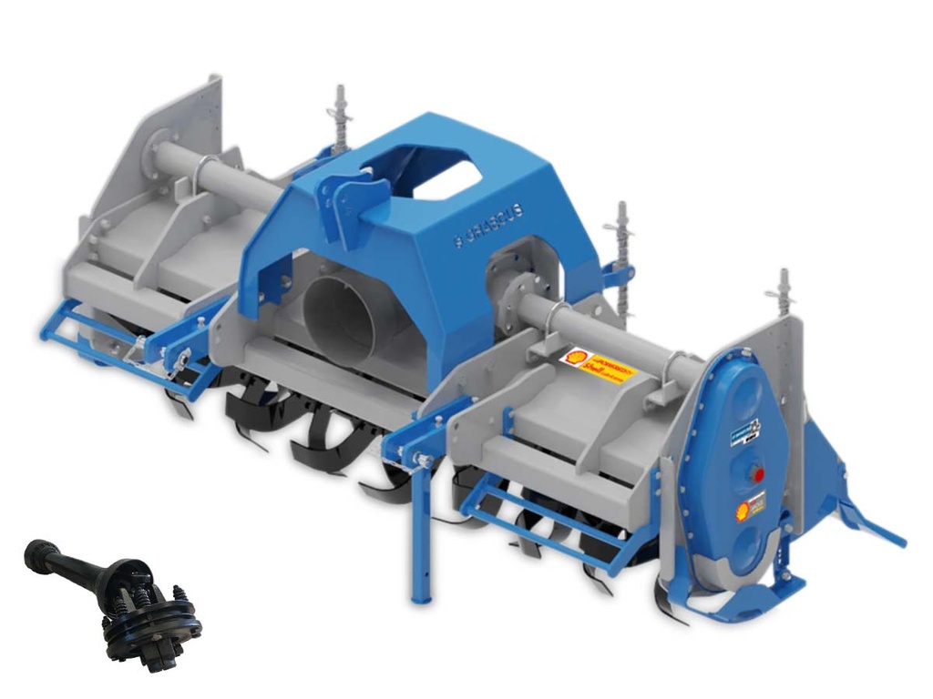 [10000631] Freză de tip gravă, cu sistem de granulare, cu schimbător de viteze 4 trepte, stabilă pentru tractoare medii Solis, LS, John Deere, Kubota, New Holland - suprafață de lucru 250 cm.