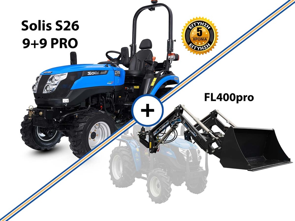 [11000034] Tractor mic cu reversă | Mini echipament pentru viticultură și pomi fructiferi | Motor Mitsubishi | SOLIS – YANMAR S26 9+9 PRO, combinat cu cupă frontală FL400pro