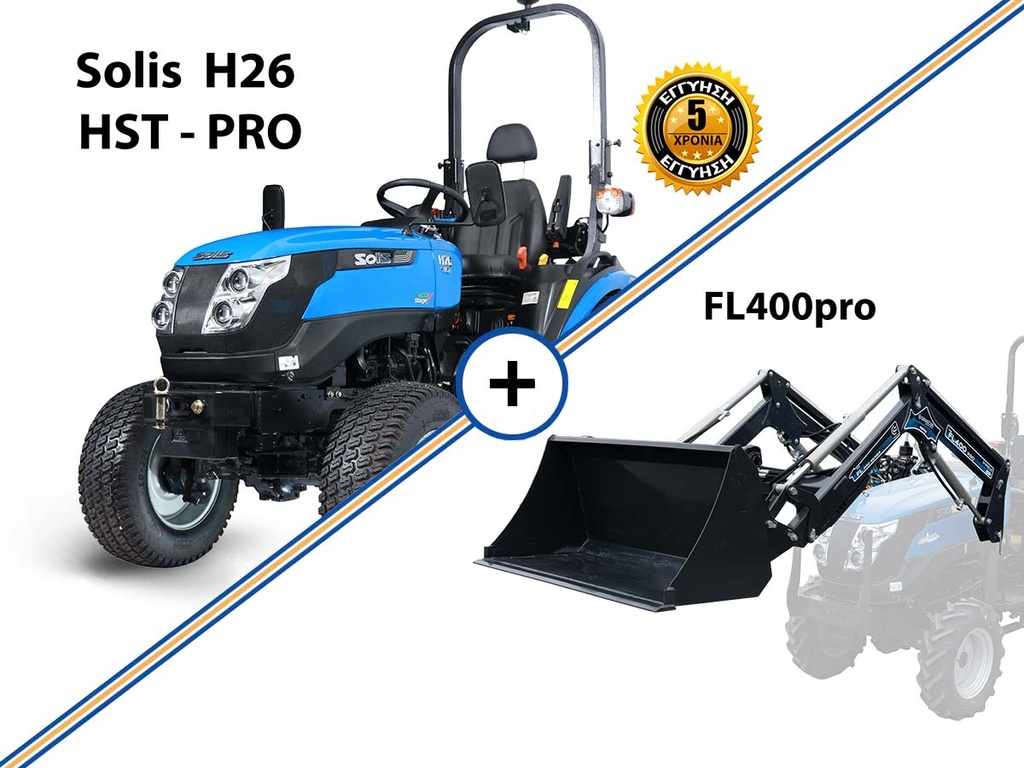 [11000038] Tractor compact | Mini echipament pentru viticultură și pomi fructiferi | Motor Mitsubishi | SOLIS - YANMAR H26HST PRO, combinat cu cupă frontală FL400pro