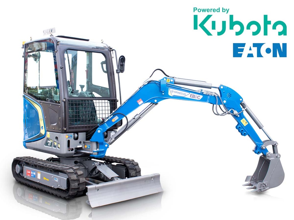 [10000416] Excavator mini cu cabină cu aer condiționat, 2.7 t, motor diesel Kubota, rotire a brațului de săpătură, șenile pliabile, manete laterale de control și linie de ciocanere.