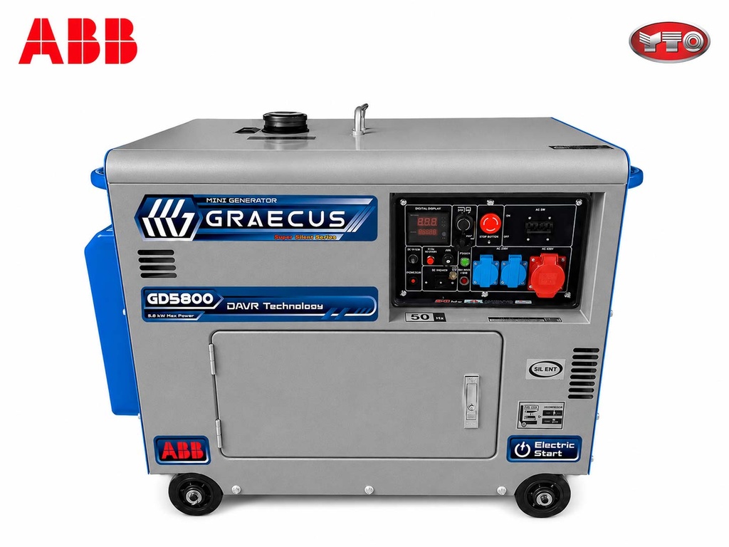[10000986] Generatoare silențioasă diesel de 5,8 kW cu DAVR, ieșire simultană monofazată și trifazată, pornire electrică, receptacol ATS, prize Schuko, CEE și carcasă izolat fonic.