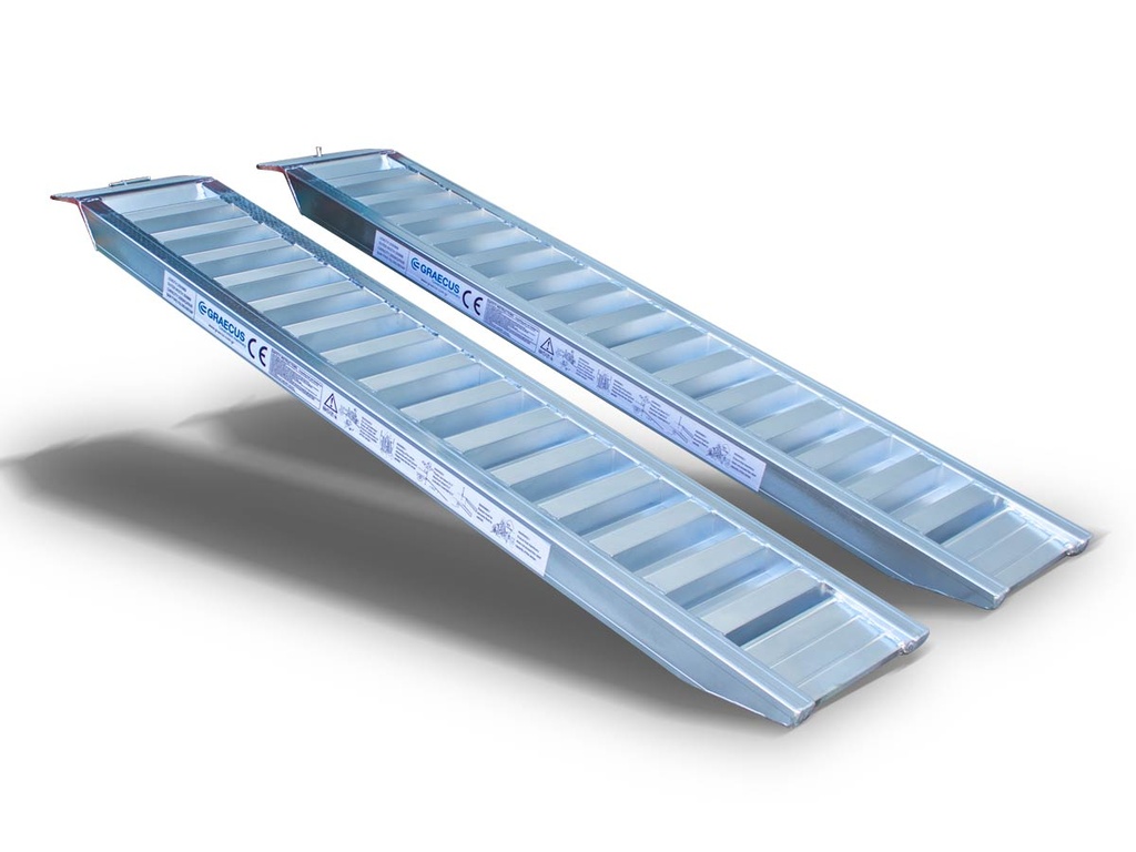 [10000519] 2 rampe din aluminiu cu o lungime de 2000 mm pentru mașină fără greutate sau pe șenile, cu o capacitate de încărcare de 2000 kg.